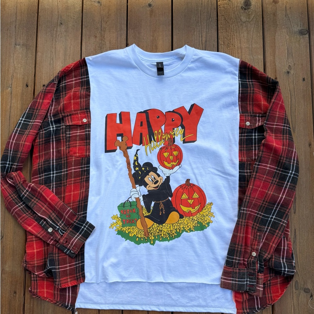 Mickey Mouse Halloween Shirt with Red Plaid Overlay
